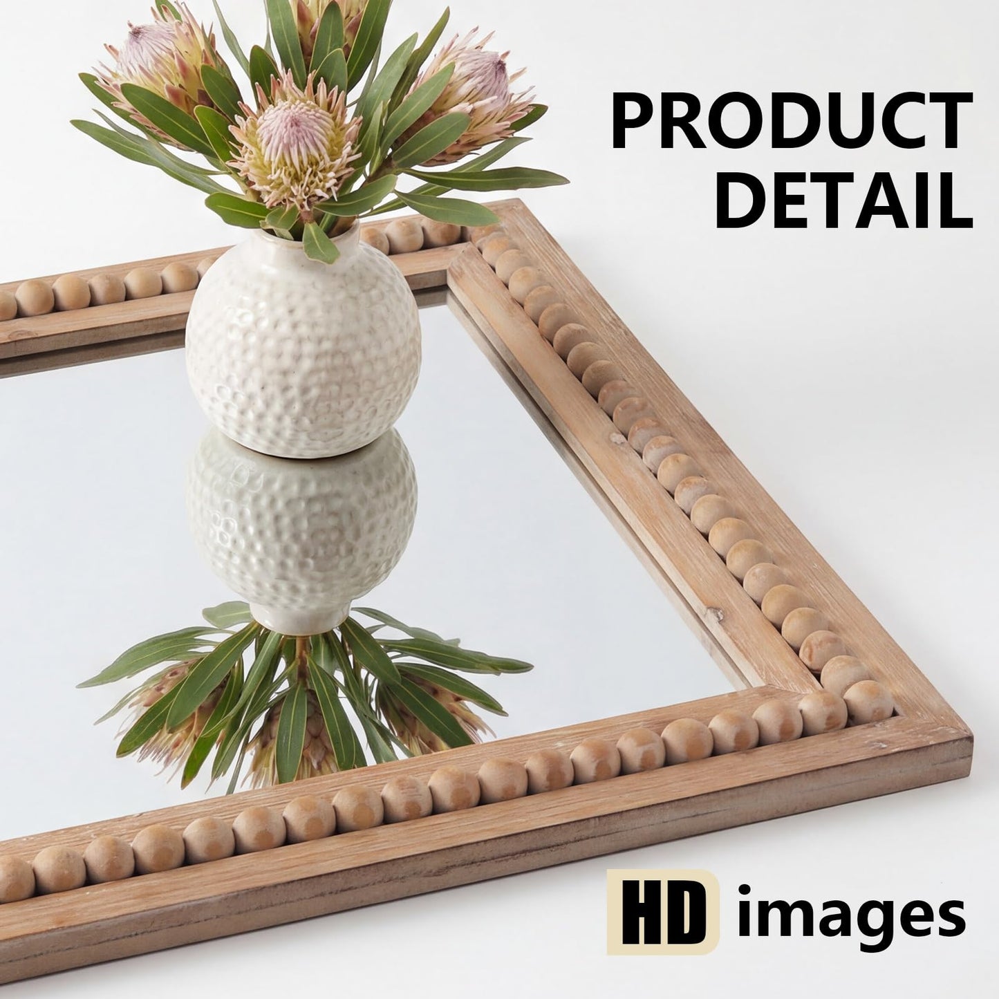 H HOMEWINS Rustic Rectangle Mirror,24x36 Wooden Farmhouse Mirrors,Boho Bathroom Wall-Mounted Nature Beads Decor Mirror for Bedroom, Living Room,Vanity,Entryway,Over Sink