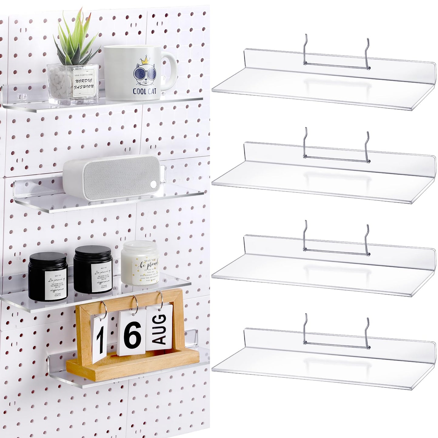 Lounsweer 4 Set Pegboard Shelf Clear Acrylic with Metal Hooks Organizer Accessories Storage for Pegboard Display Wall Craft Room Home Garage Nursery Kitchen Workbench(L Shape,12 x 4 Inch)