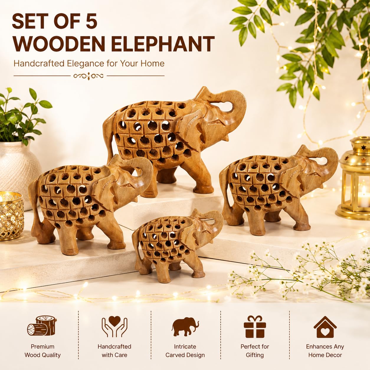 Yepsio Wooden Elephant Figurine Set, Hand Carved, 5 Pieces, 2-4 inches, Decorative Home Gift