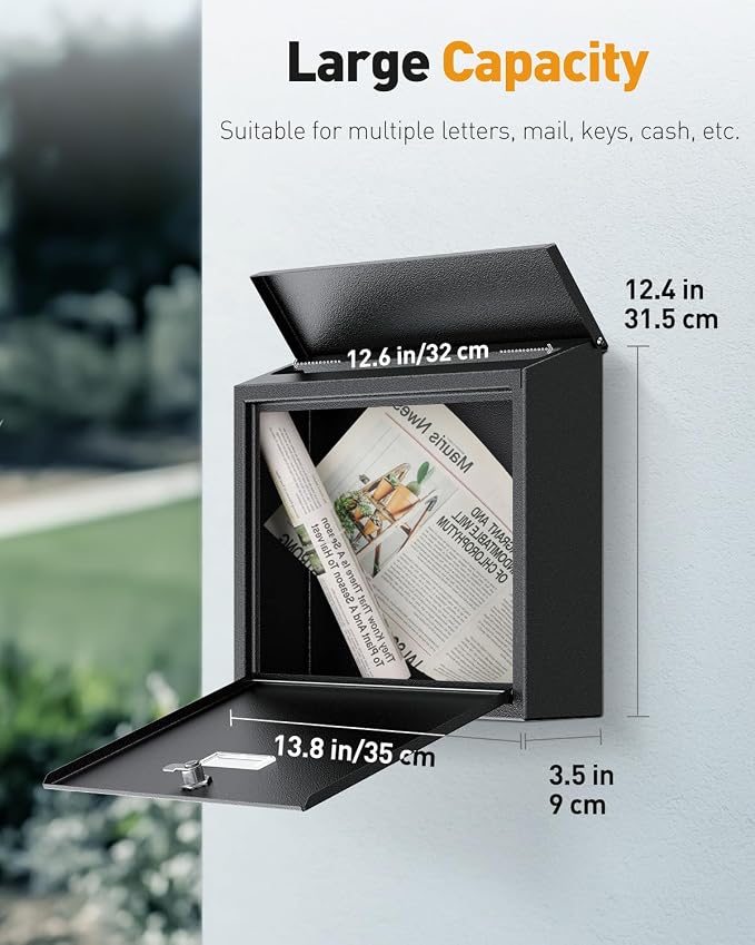 Uniclife Wall Mount Mailbox for Outside, Large Locking Mailbox with Key Lock, Security Mail Box, Postbox for House, Safe Key Drop Case, Steel Cash Drop Case for Home Office School, Black