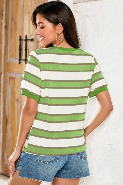 Dokotoo Womens Summer Tops 2025 Short Sleeve Tshirts Shirts for Women Striped Color Block Casual Loose Cotton T-Shirts Crew Neck Basic Cute Tees Lightweight 2025 Fashion Ladies Tops Green Large
