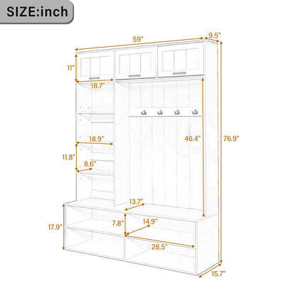 5-in-1 Hall Tree with Bench, Entryway Storage Organizer Cabinet, White