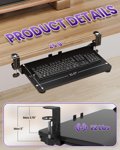 Zontera Ergonomic Mouse & Keyboard Tray Under Desk, Pull Out with Adjustable C-clamp, 20 (25.9 Including Clamps) x 11.8 Inch Slide Out Computer Keyboard Drawer Mouse Tray for Typing, Black
