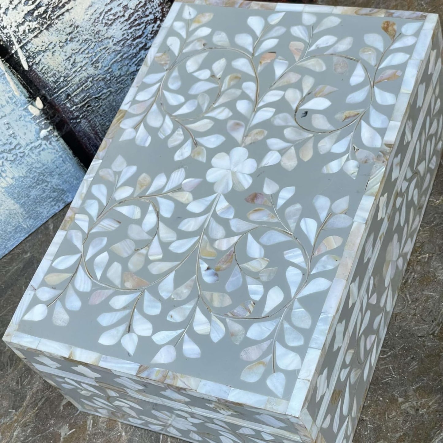 HANDMADE ENTARO Decorative Wooden Storage Box with Mother of Pearl Inlay – Elegant Floral Design – Perfect for Home Décor in Living Room, Dining Area, or Bedroom (Grey, 9x6x3.5 inch)