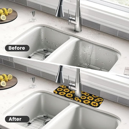 Sunflowers Black Vintage Paingting Kitchen Sink Splash Guard Faucet Mat 1 Pcs