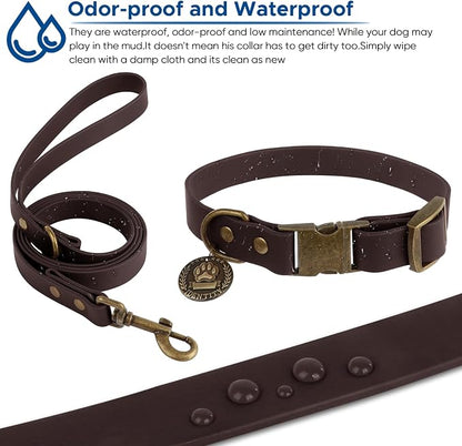 Wisedog Waterproof Dog Collar and Leash Set, Brown, S | Adjustable Puppy Collar, Cute Tag, 4FT Leash, Includes Poop Bag, For Small Medium Large Dogs