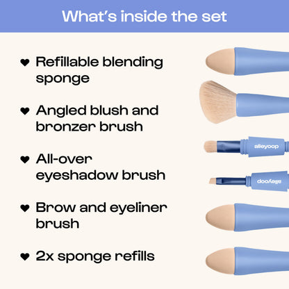 Makeup Brush Set Alleyoop Multi-Tasker 4-in-1 Travel Make Up Brush Set + Blending Sponge Refill Pack – Compact Makeup Brushes for Foundation, Blush, Bronzer, Contour, Eyeshadow, Brows & Liner