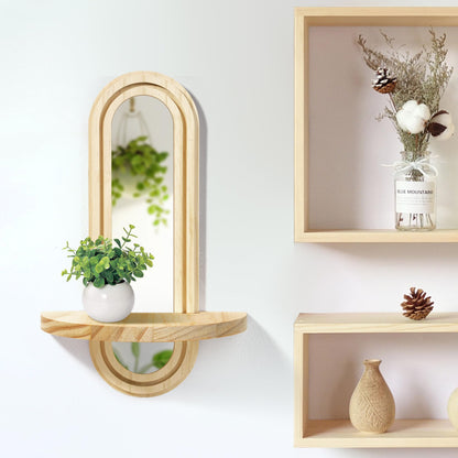 WUTAOBON Wooden Wall Floating Shelves, 2PC Boho Arched Wall Shelf,Decorative Mounted Display Shelf with Acrylic Frameless Mirror, Nature Wood Shelves for Home Holding Planter Decoration