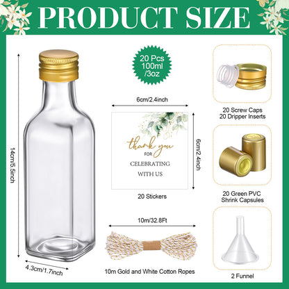 Reallnaive 20 Pack 3 oz Mini Glass Olive Oil Bottles Set, Homemade Wedding Sauce Gift Bottles Leakproof Screw Cap, Thank You Wedding Stickers for Storing Oil Honey Bridal Baby Shower Favors (Gold)