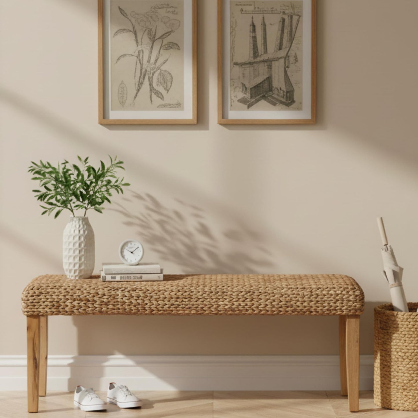 Solid Wood Acacia Indoor Bench with Natural Woven Seat, 47 Inch Wood Bench for Living Room or Entryway Bench, Bedroom End of Bed Bench or Dining Benches, Window Bench (Fishbone, Water Hyacinth)