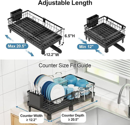 GSlife Expandable Dish Drying Rack - Countertop Drainer, 12-20.5", Black | Compact Extendable Design, Swivel Drain Spout, Cup and Utensil Holder, for Small Kitchen, RV, Countertop Dish Drainer Tray