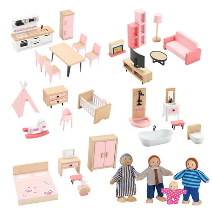 Wooden Dollhouse Furniture Set, 72pcs Furnitures with 8 Family Dolls, Dollhouse Accessories Pretend Play Furniture Toys