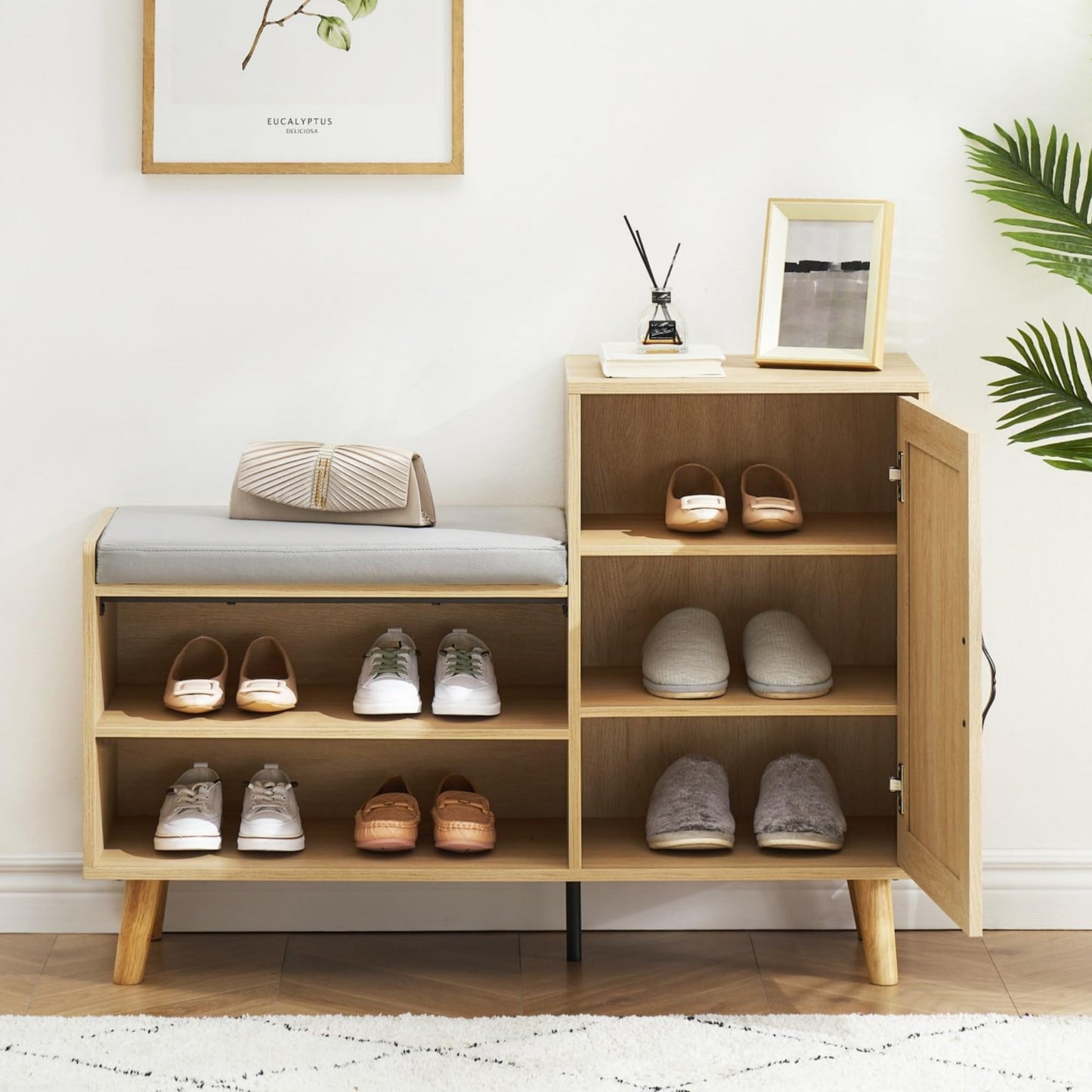 GAOMON 2-in-1 Natural Rattan Shoe Storage Bench with Upholstered, Shoe Cabinets with Adjustable Shelf, Home Entrance Shoe Rack for Hallway Living Room Bedroom Dorm and Small Apartment
