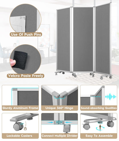 SWANCROWN Folding Office Partition 3-Panel Room Divider 71x71 in, Sliding Privacy Screen Portable Temporary Wall for Cubicle, Studio & Home Office, Soundproof Grey Felt