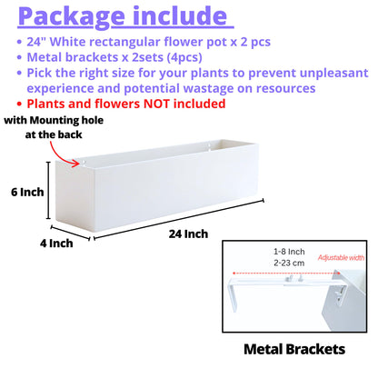 LaLaGreen Planter Boxes Outdoor (24 Inch, 2 Pack) White Metal Rectangular Railing Flower Box with Brackets, Deck Railings Planters Fence Balcony Patio Porch Plant Holder Modern Garden Decor Over Rail
