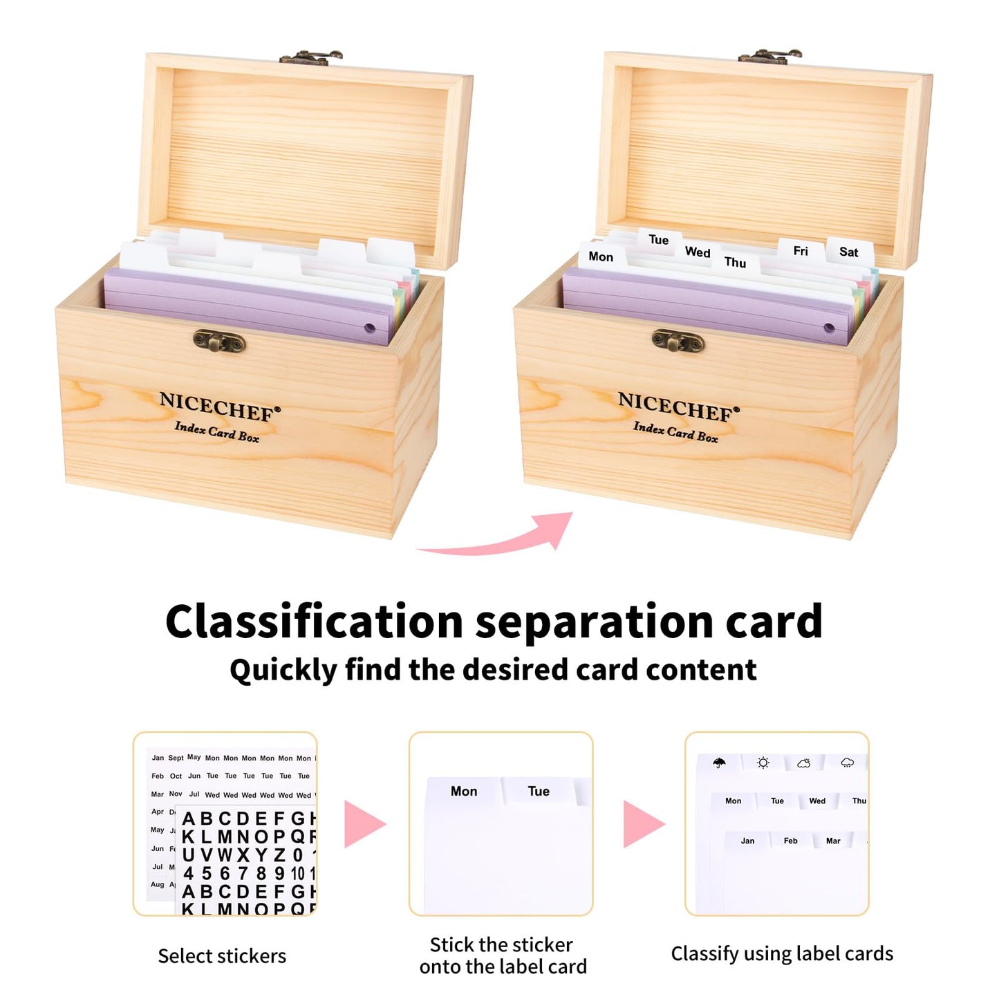 NICECHEF Index Card Holder 4x6, Wooden Recipe Box with 300 PCS Flash Cards Card Organizer,12 White Dividers, 6 Metal Rings, 2 Sticker, for Office, Business, Flashcard Notecard Holders for Home Office