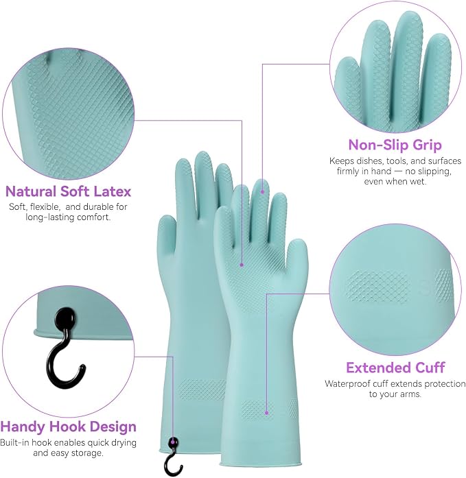 Dishwashing Rubber Gloves for Cleaning – 4 Pairs Kitchen Gloves with Handing Hooks Washing Dishes Household Glove - Medium