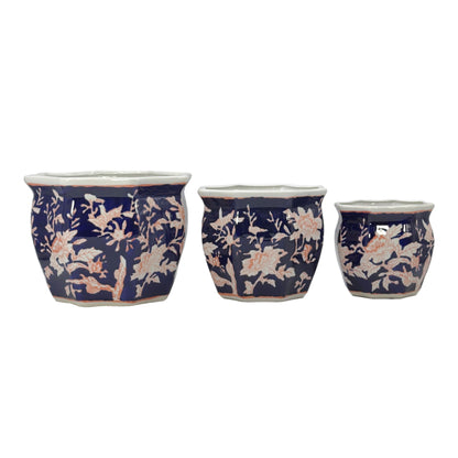 Galt International Blue & Pink Round Fluted Floral Porcelain Ceramic Plant Flower Planter Pot Set of 3 (7.5", 10", 13") Garden Pots Chinese Asian Design