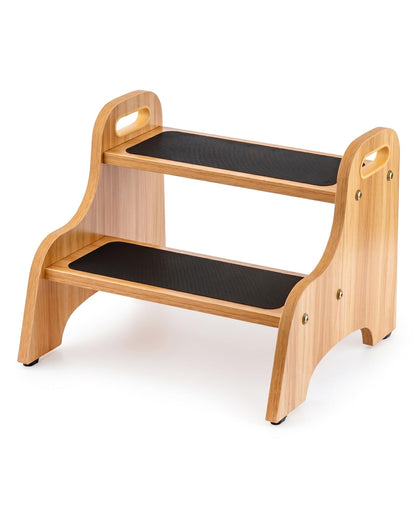 StrongTek Wooden 2 Step Stool, Non-Slip Surface with Handles, 350 lb Capacity, Compact Step Stools for Bathroom, Kitchen, Bedroom and Home Use (Natural)