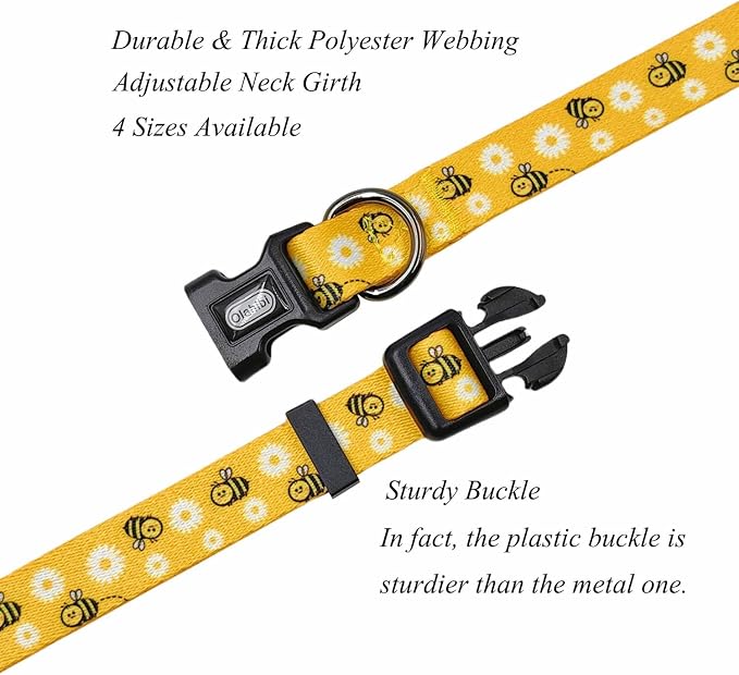 Dog Collar Leash Set, Floral Pattern, Polyester Material, Adjustable Collar and 5ft Matching Leash, for Puppy Dogs.(XS, Bee Daisy)