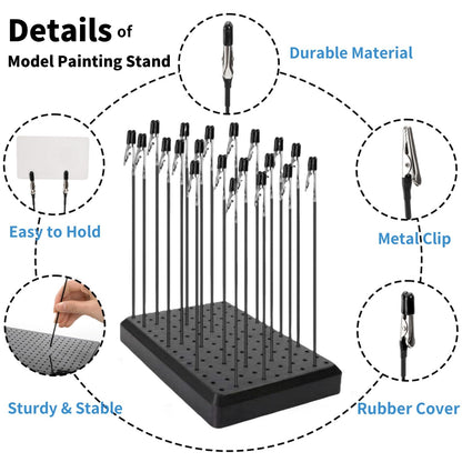 Tlence 19 x 14 Holes Model Painting Stand Base, 25 PCS Alligator Clip Sticks with Rubber Tips, Airbrush Spray Holder with Clean Brush, Clamping Tools Set for Model Parts Assemble DIY Crafts Photo Memo