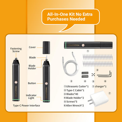 30W Ultrasonic Cutter, 40,000 Vibrations/Sec Electric Cutting Knife with Dual Modes, 40PCS Replaceable Titanium Blades, USB-C PD Powered Cutting Tool for Foam, Plastic, DIY Craft Cutter