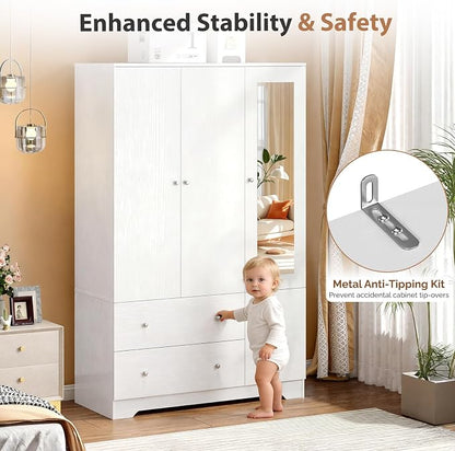 VINGLI Armoire Wardrobe Closet with Doors and Mirror,47"W Wardrobe Cabinet Wooden with Hanging Rod & Shelves Inside, 4 Door Bedroom Armoires with Drawers, Modern White Freestanding Armoire for Bedroom