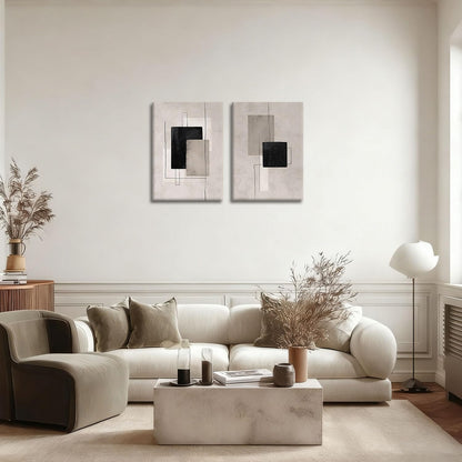 Kdyudo 2 Pcs Large Minimalist Block Line Canvas Framed Wall Art Neutral Abstract Print Poster Wall Decor Black Beige And Brown Geometric Square Line Painting Pictures Living Room Bedroom 12x16 Inch
