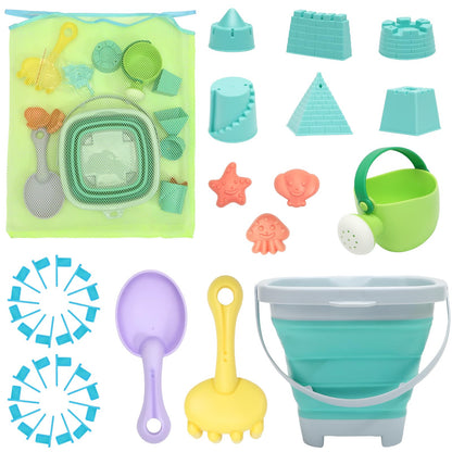 RACPNEL Beach Toys Sand Set for Kids, Collapsible Bucket and Shovels with Mesh Bag, Molds, Flags, Sandbox Kids Toddlers, Travel (Tavel Size)