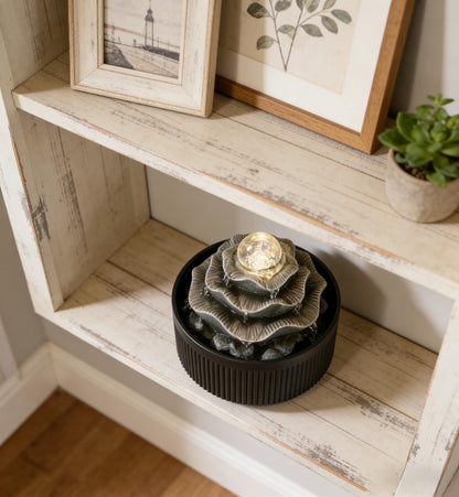 Indoor Tabletop Water Fountain - 3-Tier Lotus Leaf Design Waterfall with Warm Glowing LED & Rotating Ball, Zen Home Decor for Living Room Bedroom, Unique Housewarming Gift Idea