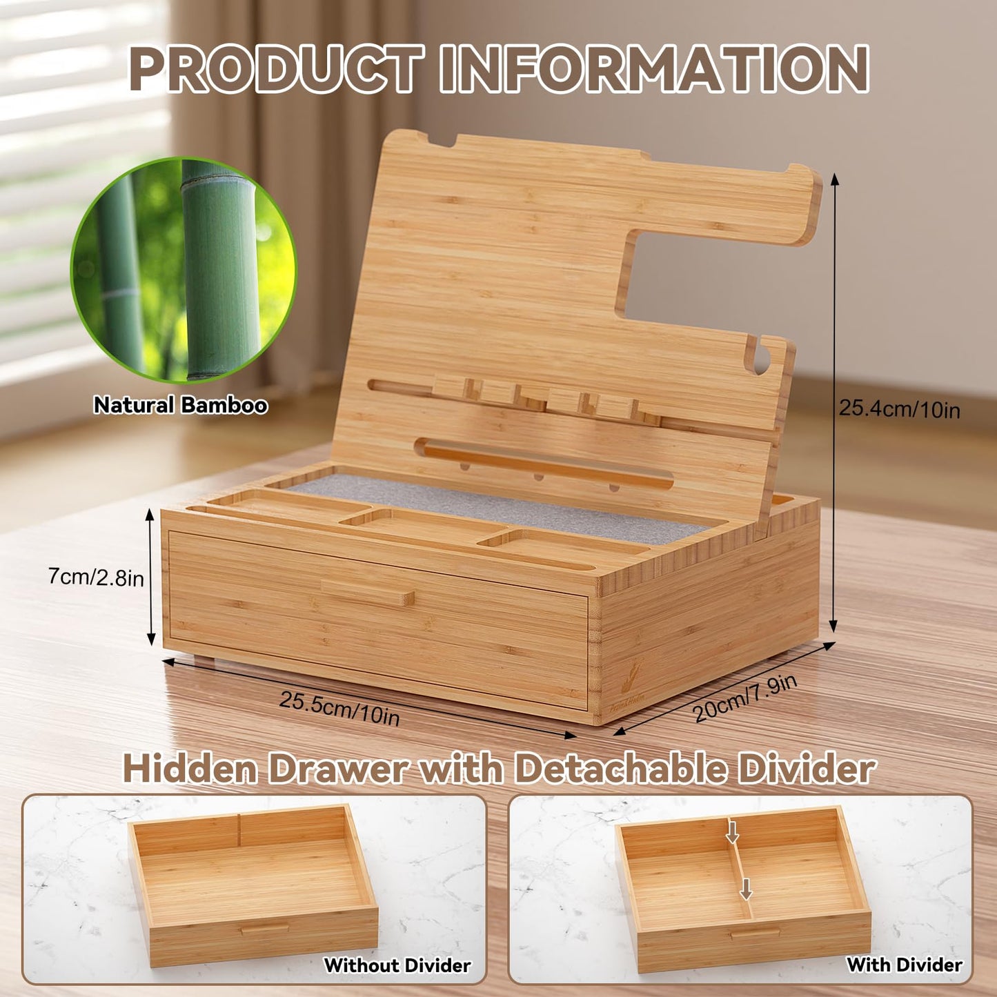 Pezin & Hulin Wooden Charging Station, Bedside Nightstand Tray, with Spacious Drawer, Felt Pads for Phones, Watch, Idea Gifts for Him Birthday, Son, Christmas for Papa Fathers Day (Nature)