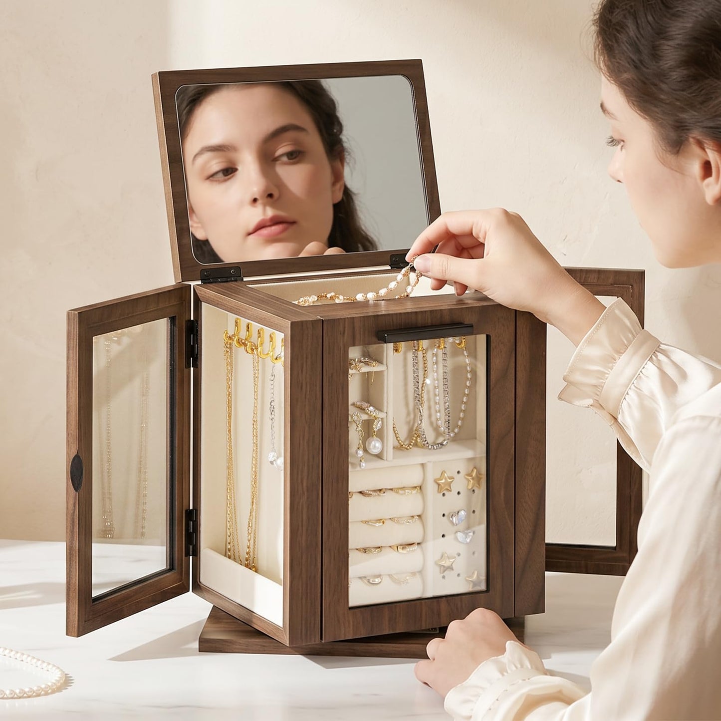 HOOBRO 5-Tier Jewelry Box, Wooden Jewelry Organizer with Transparent Windows and 360° Rotating Jewelry Box with Mirror, Jewelry Organizer with 4 Drawers Bundle, BH19JB04-BH31JB04