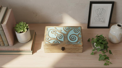Great Birthday Gift Handmade Decorative Wooden Jewelry Box With Tree Of Life Carving & Lock & Key Jewelry Organizer Keepsake Box Treasure Chest Trinket Holder Watch Box Storage Box