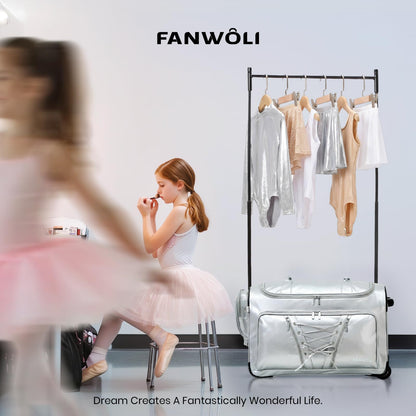 Fanwoli 23" Dance Bag with Garment Rack | Luminous Poise Collection | Waterproof Lustrous Satin Fabric | Competition Travel Duffel Luggage for Cheer, Skating, Gymnastics & Sleepover | Moonlight Silver