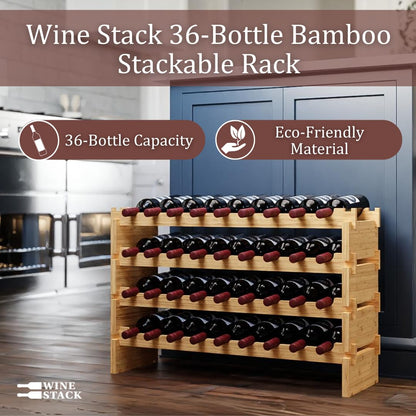 Wine Stack 36 Bottle Bamboo Stackable Freestanding Wine Rack, No Tools Assembly, Durable, Wine and Liquor Bottle Storage for Small Spaces
