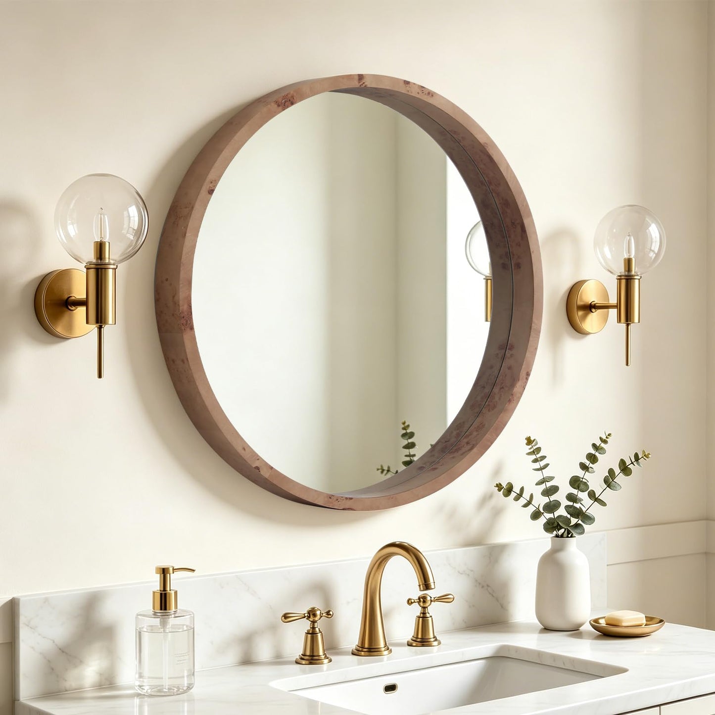 WallBeyond 24 Inch Round Wood Mirror, Farmhouse Circle Wooden Frame Wall Mounted Mirror for Bathroom Vanity, Living Room, Bedroom, Entryway, Natural