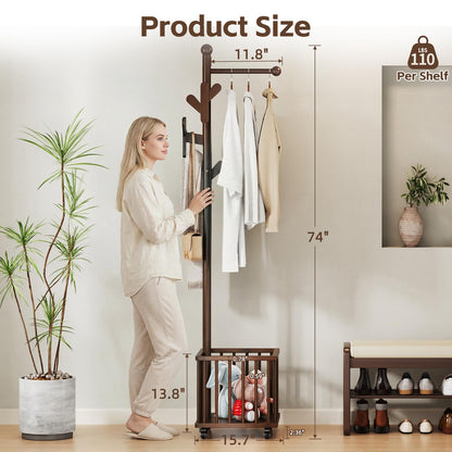 Cactus Freestanding Wooden Coat Rack with Storage Basket,Walnut Coat Rack with Hooks and Wheels,Space-Saving Entryway Organizer for Hanging Clothes,Bags and Storing Towels,Bedroom, Living Room