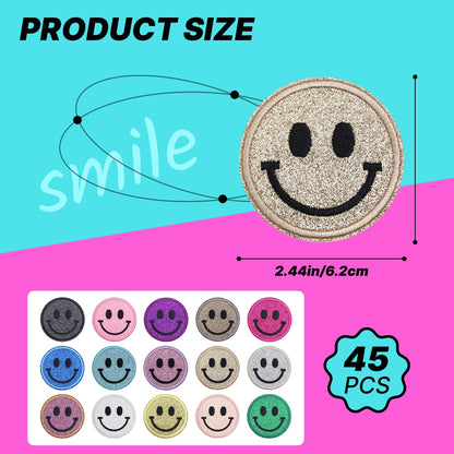 Zakrafo 45PCS Smiley Face Iron on Patches Sequin Round Chenille Cute Smile Iron on Patches for Diverse Range of Fabric Clothes DIY Projects
