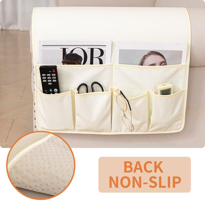 HAOMAIJIA Anti Slip Sofa Armrest Organizer Arm Chair Bedside Caddy Storage Organizer For Recliner Couch With 6 Pockets For Cell Phone Tv Remote Control (Ivory White, 31.89 inches × 18.5 inches)
