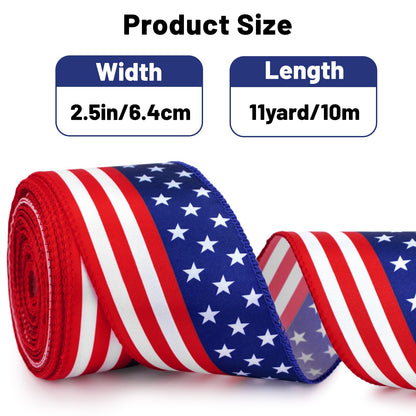 KINGLAKE 250th Anniversary Patriotic Wired Ribbon - 2-1/2 Inch x 11 Yds Red White Blue Striped Satin Star Ribbon 4th of July Ribbons for Wreaths Crafts Independence Day Memorial Day Veterans Day Decor