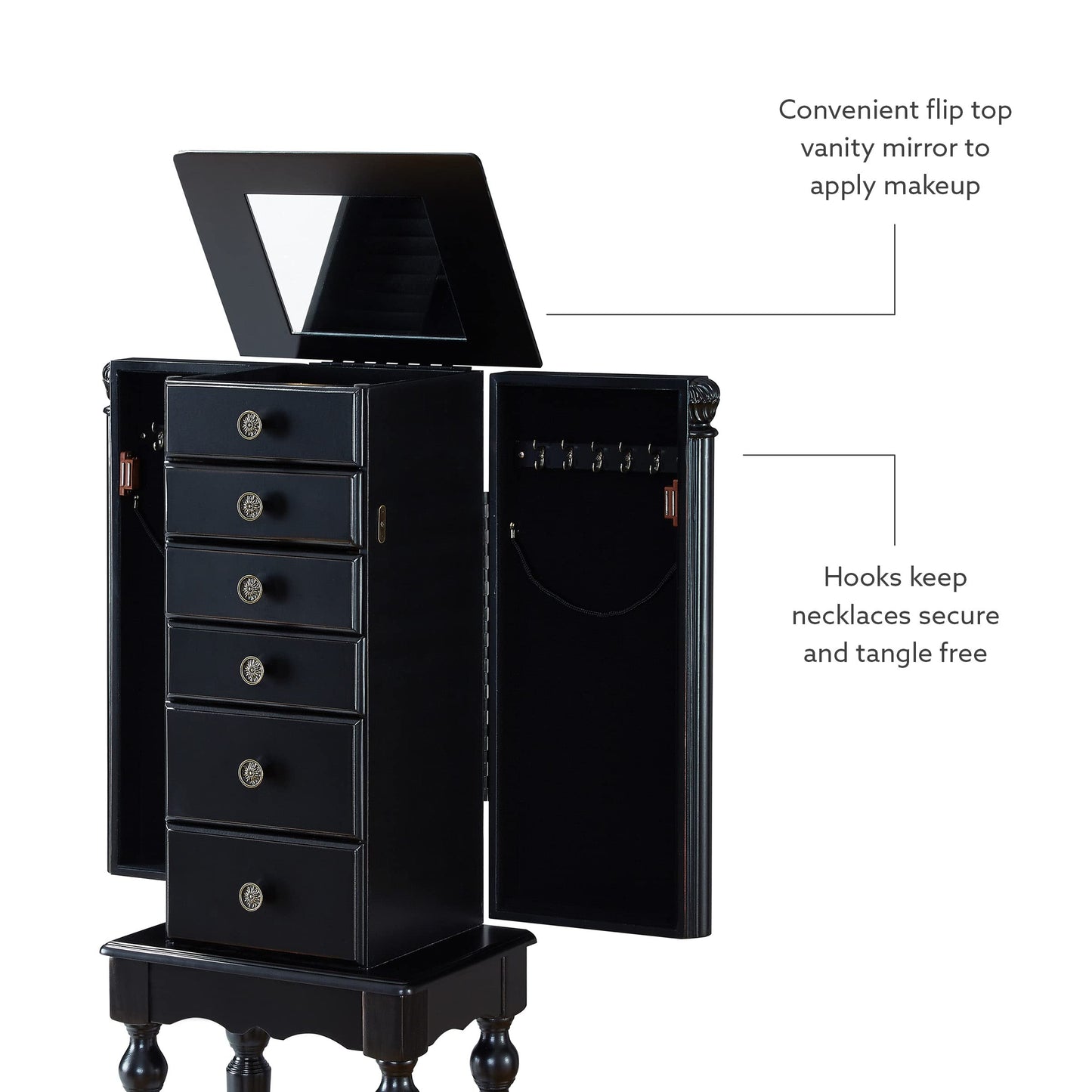 Powell Ebony Jewelry Armoire, Distressed Ebony Black; Black Lining