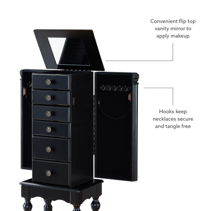 Powell Ebony Jewelry Armoire, Distressed Ebony Black; Black Lining