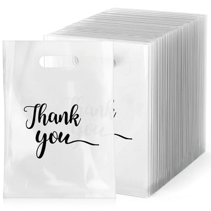 Giloaou 200 Pcs Thank You Merchandise Bags, 8.1” x 11.82” White Plastic Shopping Bags with Die Cut Handles, Premium Retail Gift Bag for Small Business, Boutique, Party Favors & Craft Packaging