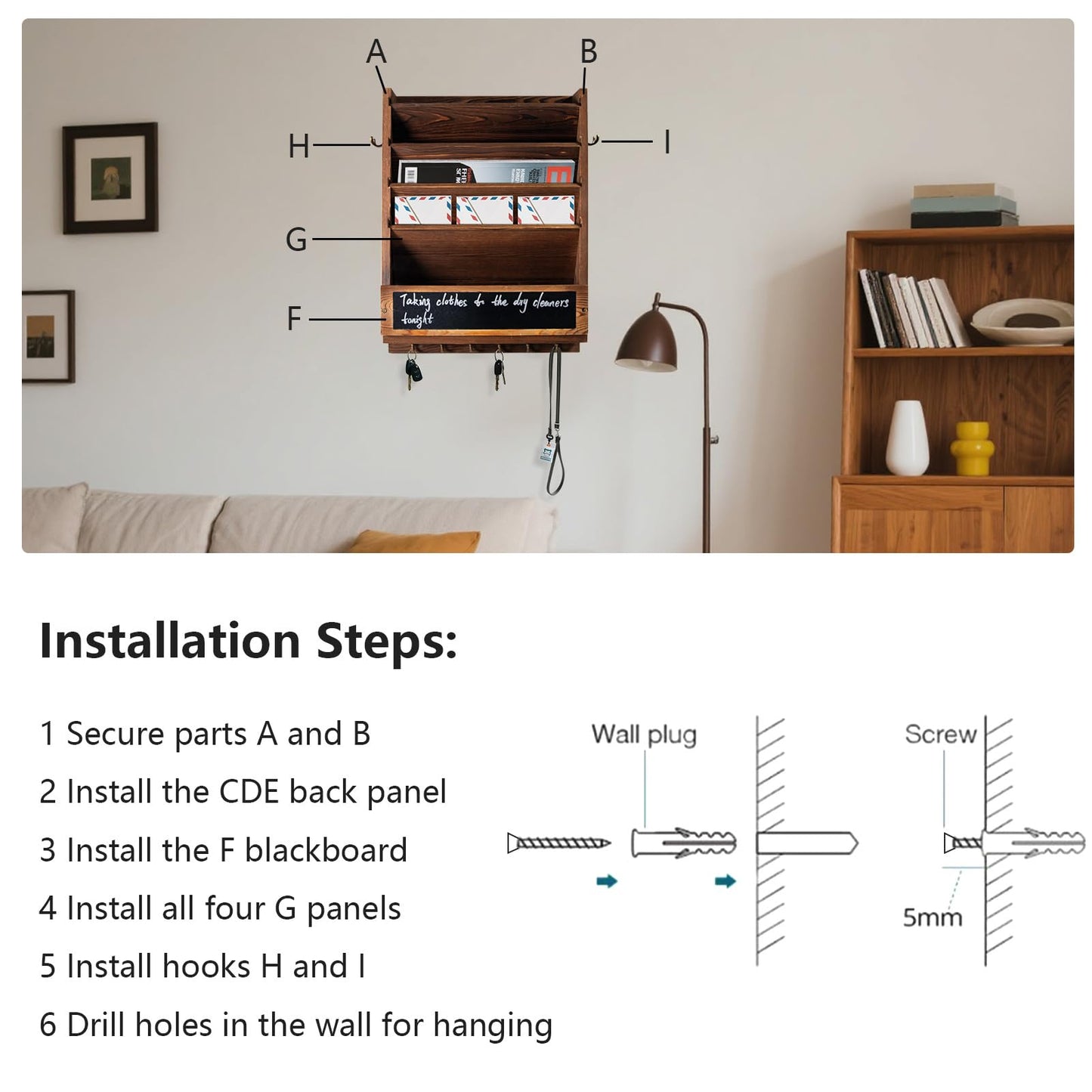 Craftmastudio Rustic wall mail organizer,Key and Mail File Holder for Wall Mount，with 6 Key Hooks 2 Double Key Hooks A blackboard,for Home,Office, Classroom,Entryway Decor (brown)