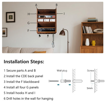 Craftmastudio Rustic wall mail organizer,Key and Mail File Holder for Wall Mount，with 6 Key Hooks 2 Double Key Hooks A blackboard,for Home,Office, Classroom,Entryway Decor (brown)