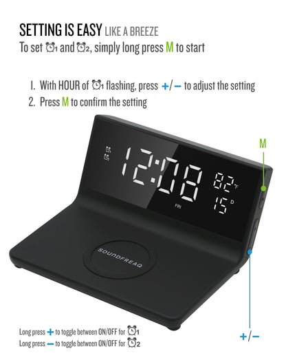 Soundfreaq Charge Rise II, SFQ-20: Digital Alarm Clock, with Dual Alarms, Fast USB Charger and Wireless Charger (Black)