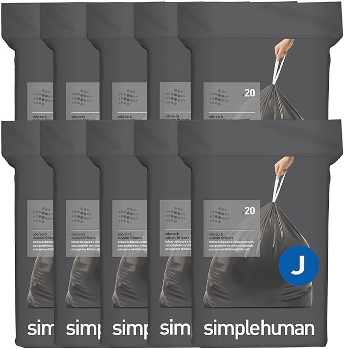 simplehuman Code J 200 Count, Genuine Odorsorb Custom Fit Liners, Drawstring