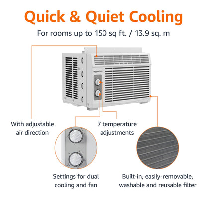 Amazon Basics 5000-BTU Window Air Conditioner with Quiet Operation, Up to 150 Sqf, Cool and Fan Functions, Washable Filter, Adjustable Window Kit, Intuitive Mechanical Controls, for Small Room, White