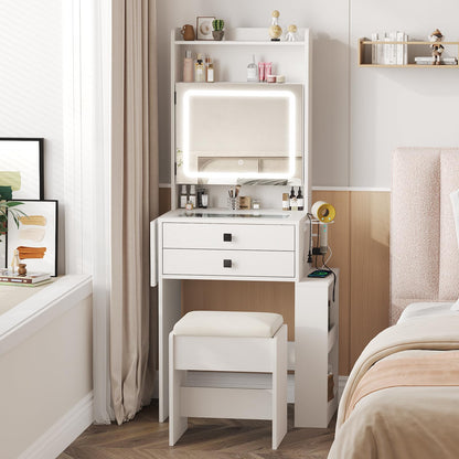 Vabches Small Makeup Vanity Desk with 3 Adjustable Lighted Mirror, White Vanity Set with Fold-up Panel and Charging Station, Glass Top Dressing Table with Drawers and Chair, 2 Hidden Storage Shelves
