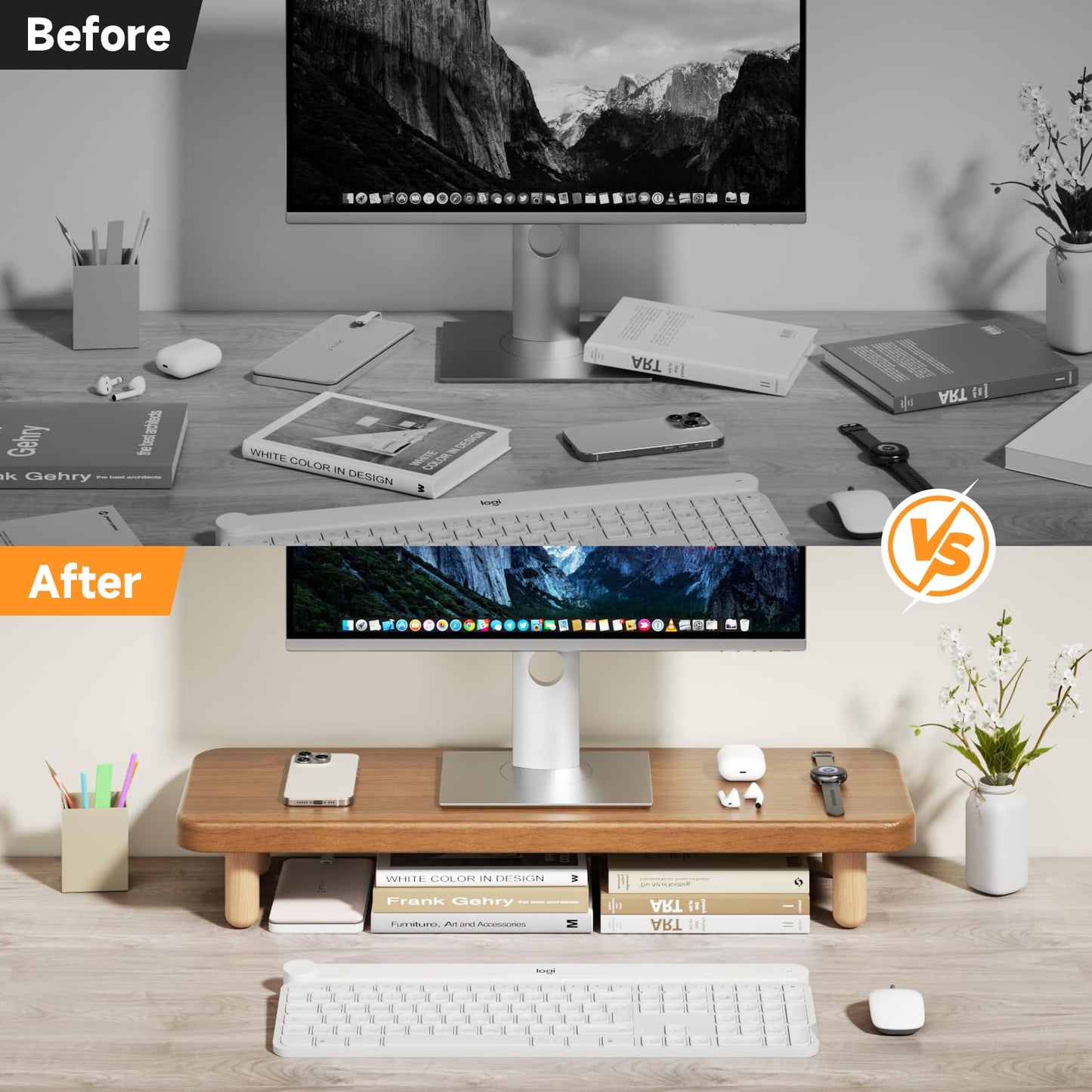 NestNeat Monitor Stand Riser, 24 Inch Wood Desk Organizer with Monitor Stand & Storage Computer Monitor and Laptop Riser Multifunctional Laptop Stand Desk Organizer for Office Home Screen/Laptop/PC (Walnut)